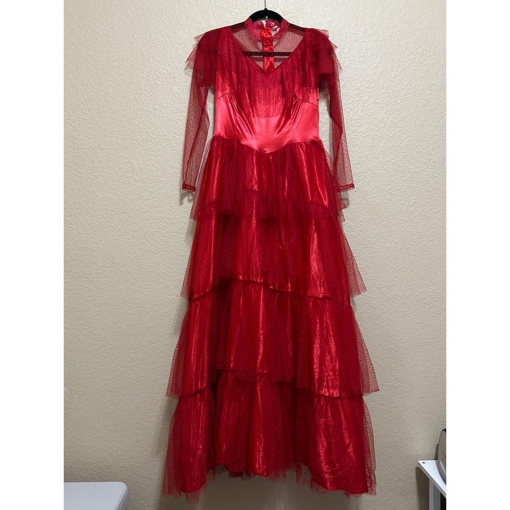 Costume Small Vintage Red Satin Tulle Tiered Maxi Dress Gothic Prom Gown